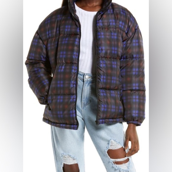 BP Oversize Puffer Coat Black Plaid Print Size M - Picture 3 of 14